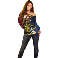 Philippines Spirit Tribal Sun Plumeria Off Shoulder Sweater Red And Blue Polynesian Pattern