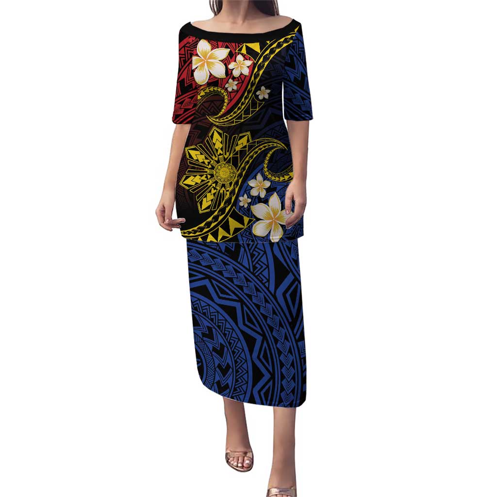 Philippines Spirit Tribal Sun Plumeria Puletasi Red And Blue Polynesian Pattern
