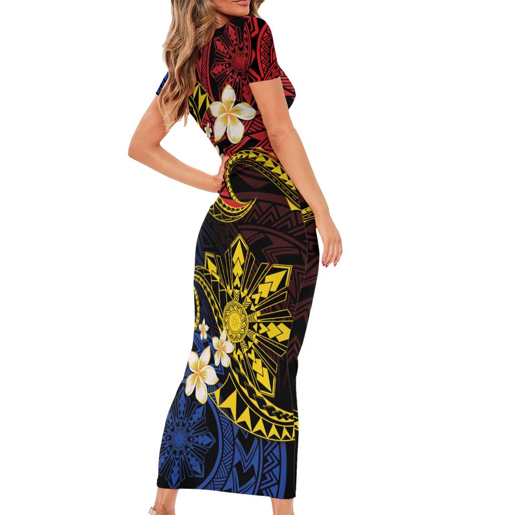 Philippines Spirit Tribal Sun Plumeria Short Sleeve Bodycon Dress Red And Blue Polynesian Pattern