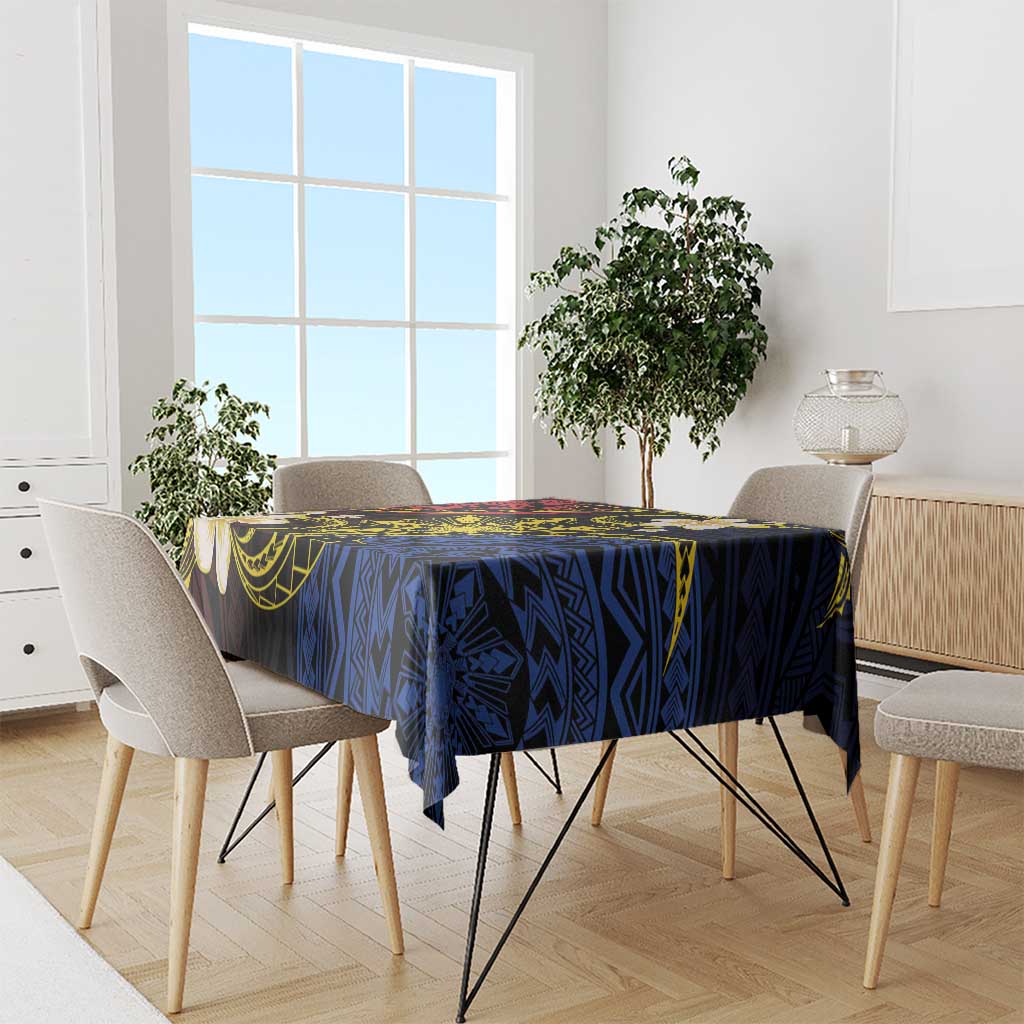 Philippines Spirit Tribal Sun Plumeria Tablecloth Red And Blue Polynesian Pattern