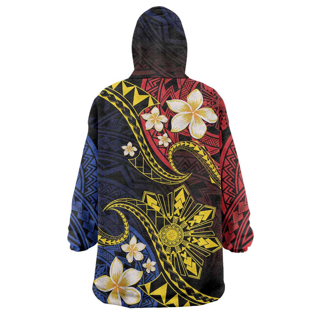 Philippines Spirit Tribal Sun Plumeria Wearable Blanket Hoodie Red And Blue Polynesian Pattern