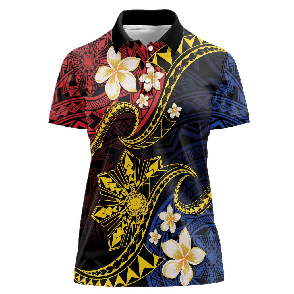 Philippines Spirit Tribal Sun Plumeria Women Polo Shirt Red And Blue Polynesian Pattern LT01 Female Black - Polynesian Pride