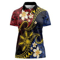 Philippines Spirit Tribal Sun Plumeria Women Polo Shirt Red And Blue Polynesian Pattern LT01 Female Black - Polynesian Pride