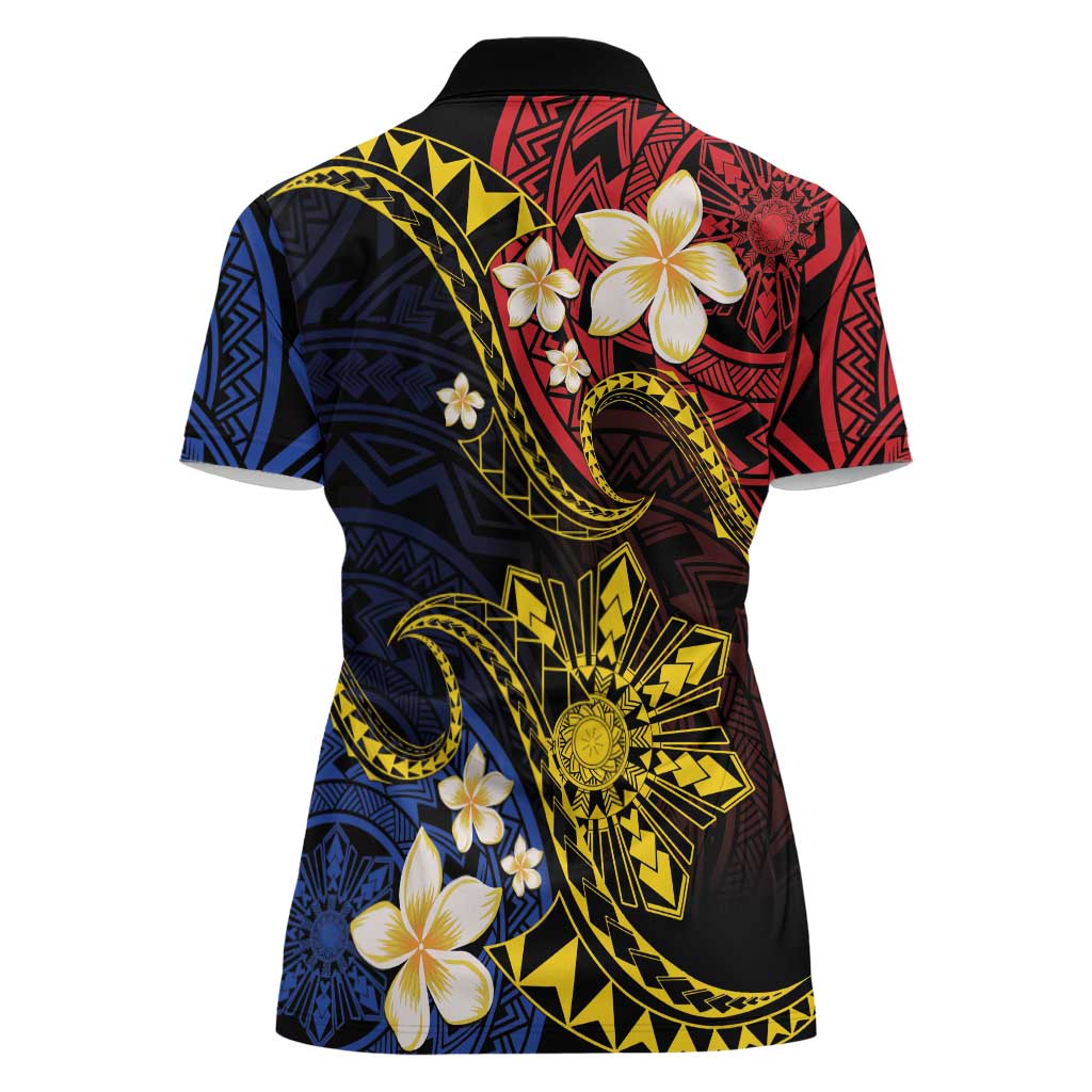 Philippines Spirit Tribal Sun Plumeria Women Polo Shirt Red And Blue Polynesian Pattern LT01 - Polynesian Pride