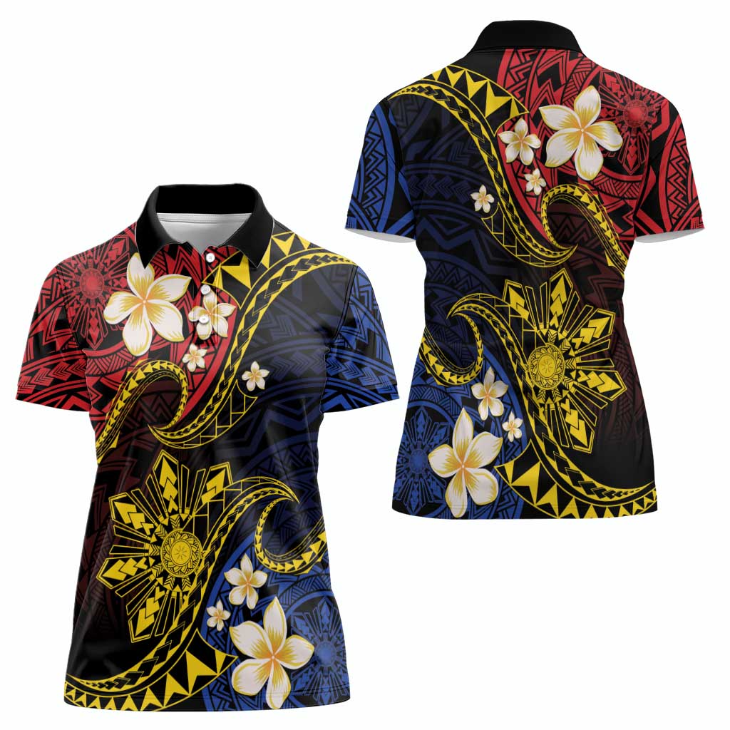 Philippines Spirit Tribal Sun Plumeria Women Polo Shirt Red And Blue Polynesian Pattern LT01 - Polynesian Pride