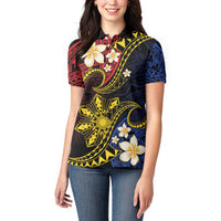 Philippines Spirit Tribal Sun Plumeria Women Polo Shirt Red And Blue Polynesian Pattern LT01 - Polynesian Pride