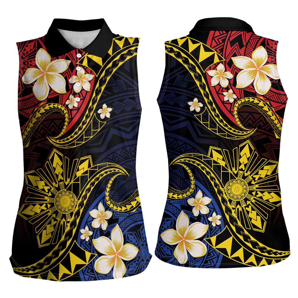 Philippines Spirit Tribal Sun Plumeria Women Sleeveless Polo Shirt Red And Blue Polynesian Pattern LT01 - Polynesian Pride