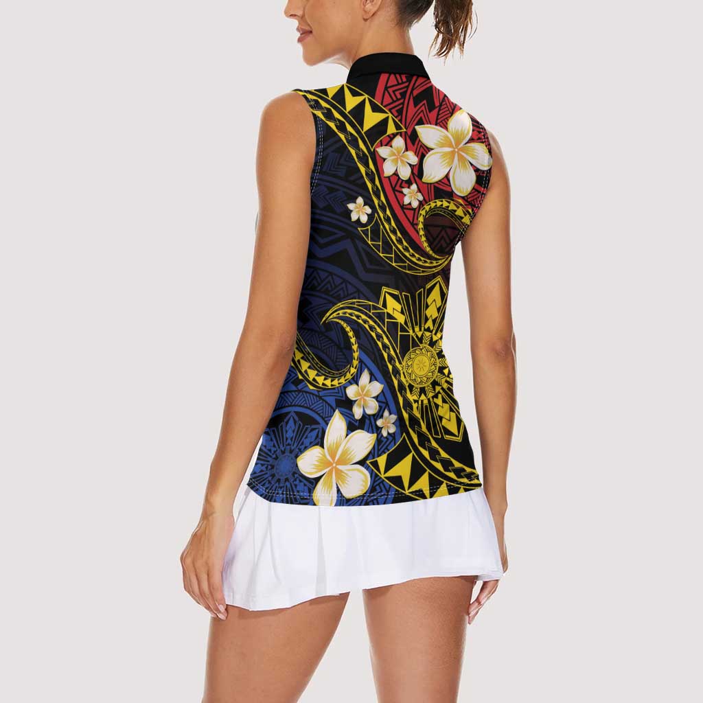 Philippines Spirit Tribal Sun Plumeria Women Sleeveless Polo Shirt Red And Blue Polynesian Pattern LT01 - Polynesian Pride