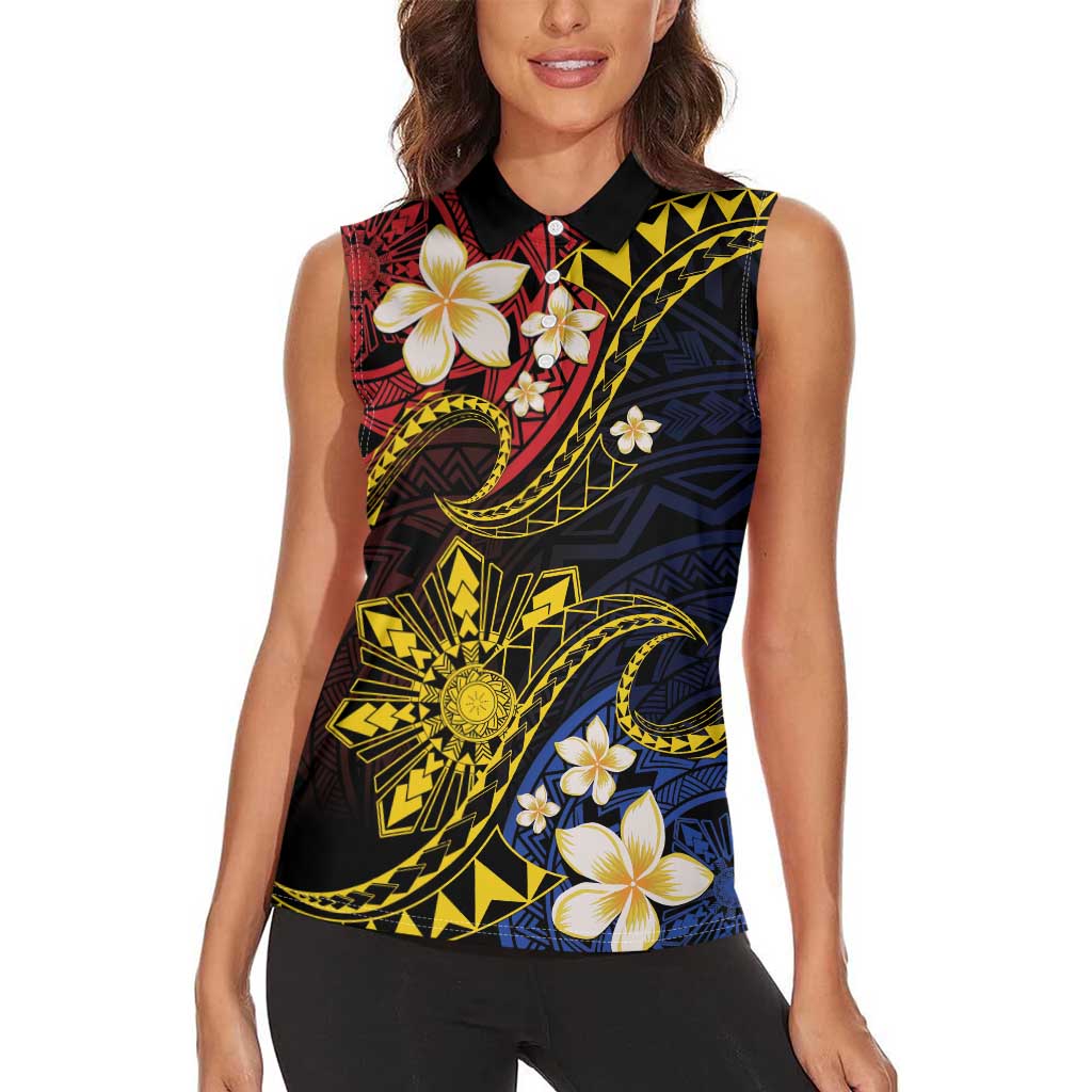 Philippines Spirit Tribal Sun Plumeria Women Sleeveless Polo Shirt Red And Blue Polynesian Pattern LT01 - Polynesian Pride