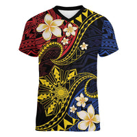 Philippines Spirit Tribal Sun Plumeria Women V-Neck T-Shirt Red And Blue Polynesian Pattern LT01 Female Black - Polynesian Pride