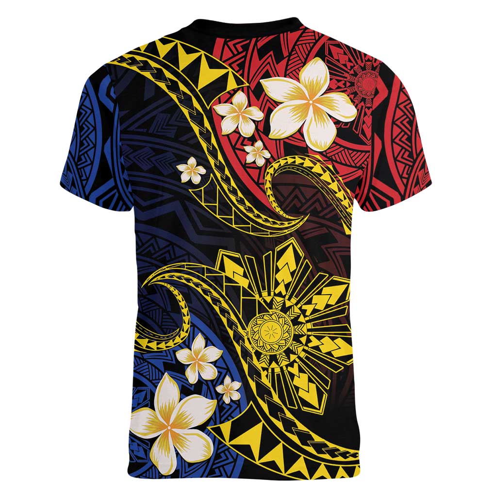 Philippines Spirit Tribal Sun Plumeria Women V-Neck T-Shirt Red And Blue Polynesian Pattern LT01 - Polynesian Pride