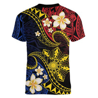 Philippines Spirit Tribal Sun Plumeria Women V-Neck T-Shirt Red And Blue Polynesian Pattern LT01 - Polynesian Pride