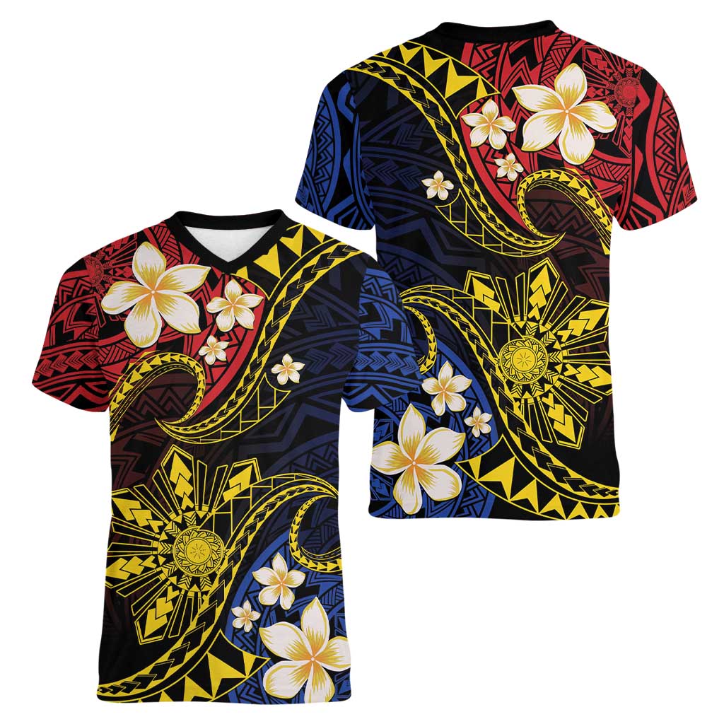 Philippines Spirit Tribal Sun Plumeria Women V-Neck T-Shirt Red And Blue Polynesian Pattern LT01 - Polynesian Pride