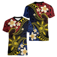 Philippines Spirit Tribal Sun Plumeria Women V-Neck T-Shirt Red And Blue Polynesian Pattern LT01 - Polynesian Pride