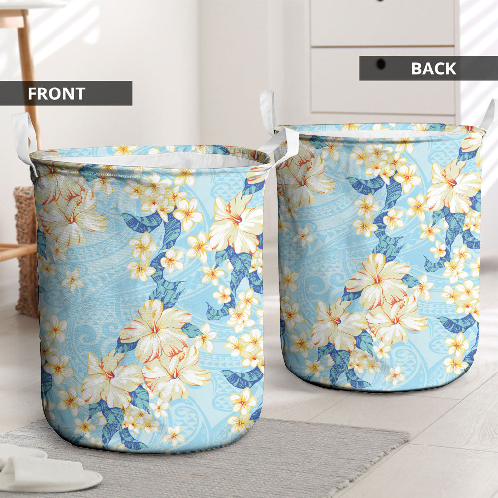 Hawaii Hibiscus Plumeria Blue Laundry Basket Polynesian Pattern