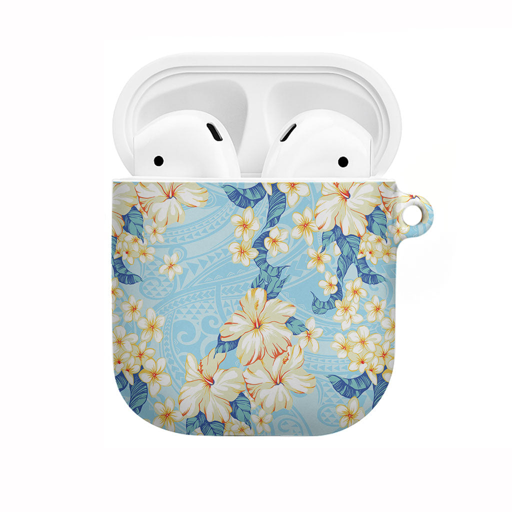 Hawaii Hibiscus Plumeria Blue AirPods Case Polynesian Pattern
