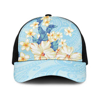 Hawaii Hibiscus Plumeria Blue Baseball Net Cap Polynesian Pattern