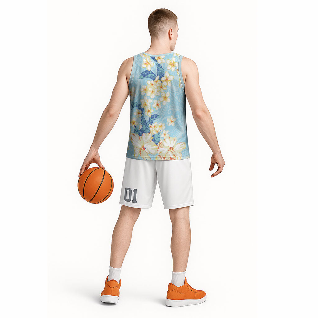 Hawaii Hibiscus Plumeria Blue Basketball Jersey Polynesian Pattern