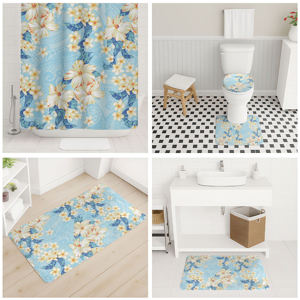 Hawaii Hibiscus Plumeria Blue Bathroom Set Polynesian Pattern