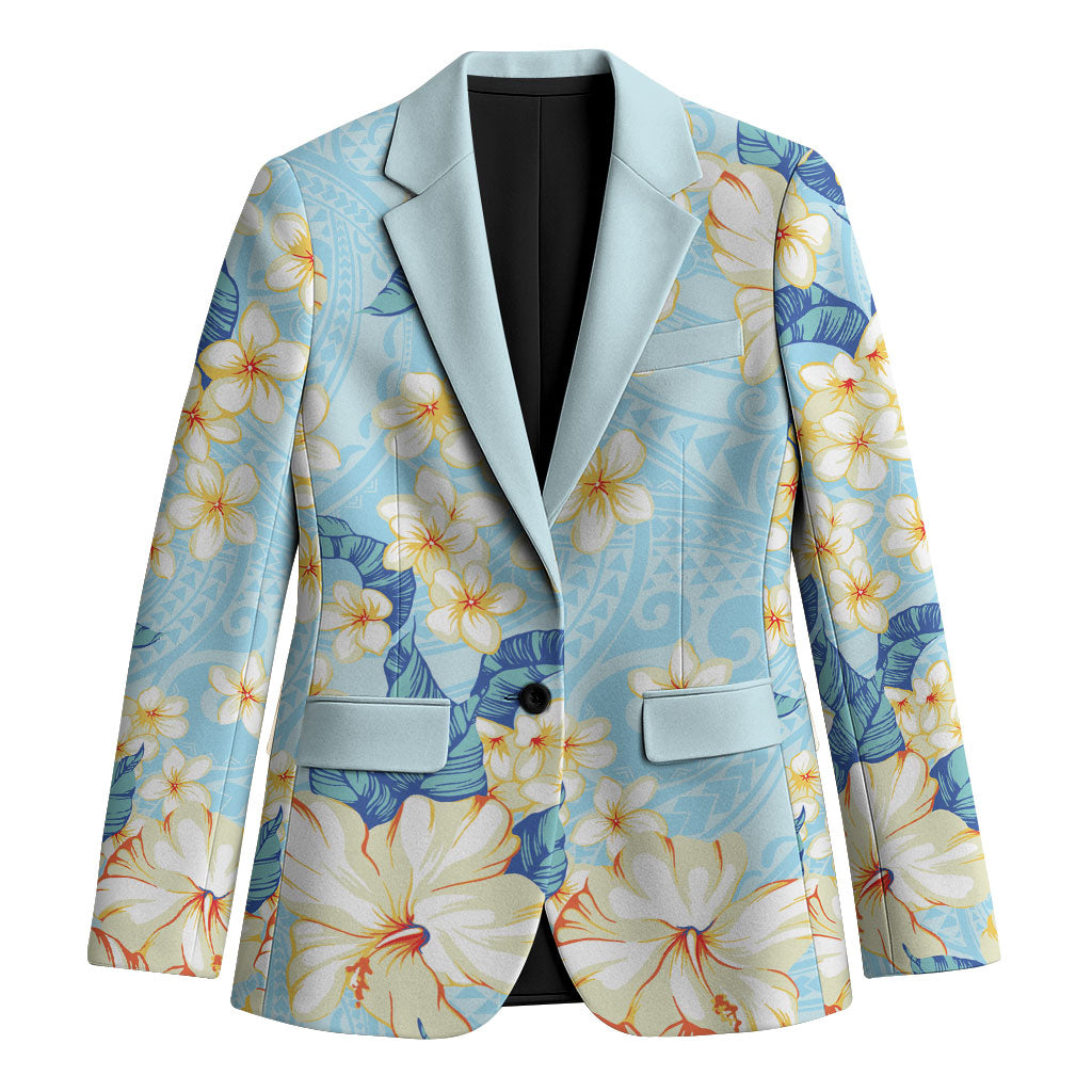 Hawaii Hibiscus Plumeria Blue Blazer Polynesian Pattern