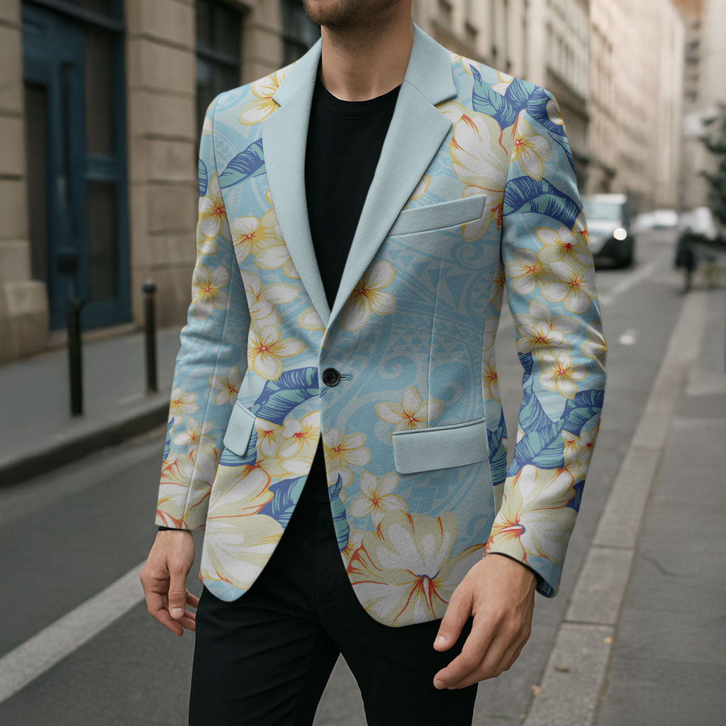 Hawaii Hibiscus Plumeria Blue Blazer Polynesian Pattern