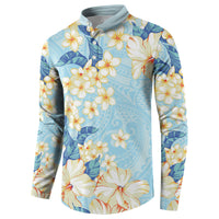 Hawaii Hibiscus Plumeria Blue Button Sweatshirt Polynesian Pattern
