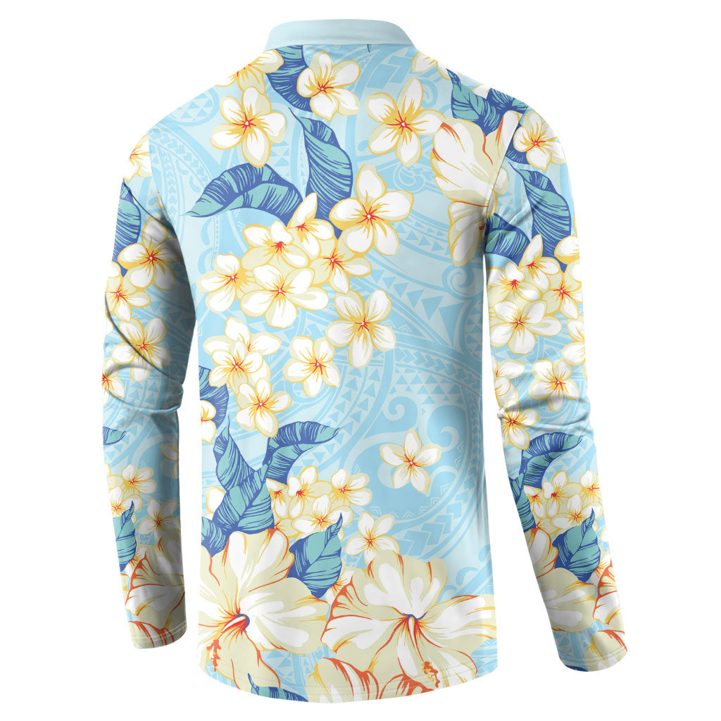 Hawaii Hibiscus Plumeria Blue Button Sweatshirt Polynesian Pattern