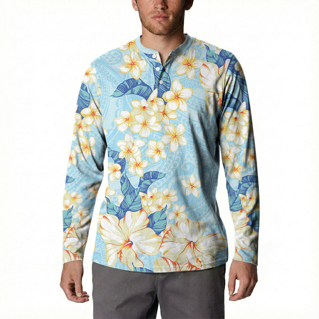 Hawaii Hibiscus Plumeria Blue Button Sweatshirt Polynesian Pattern