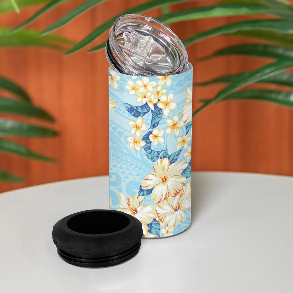 Hawaii Hibiscus Plumeria Blue 4 in 1 Can Cooler Tumbler Polynesian Pattern