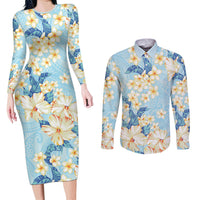 Hawaii Hibiscus Plumeria Blue Couples Matching Long Sleeve Bodycon Dress and Long Sleeve Button Shirt Polynesian Pattern