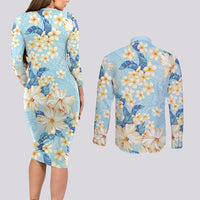 Hawaii Hibiscus Plumeria Blue Couples Matching Long Sleeve Bodycon Dress and Long Sleeve Button Shirt Polynesian Pattern