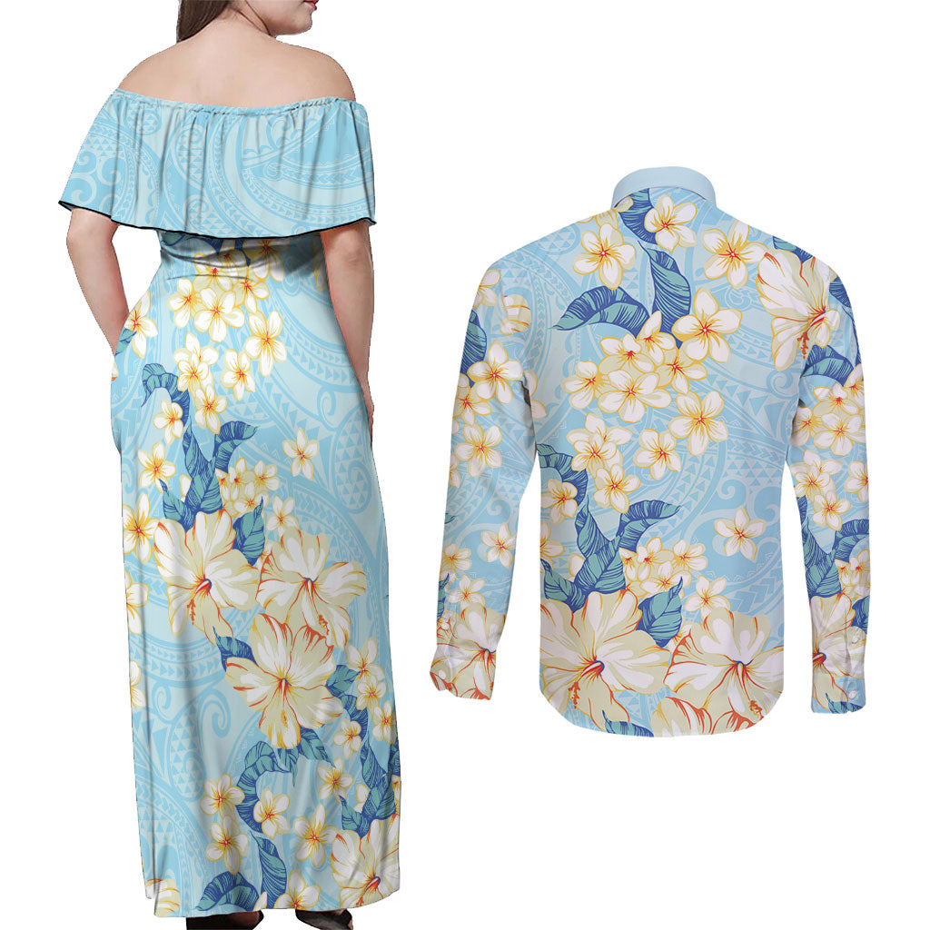 Hawaii Hibiscus Plumeria Blue Couples Matching Off Shoulder Maxi Dress and Long Sleeve Button Shirt Polynesian Pattern