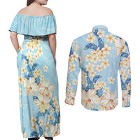 Hawaii Hibiscus Plumeria Blue Couples Matching Off Shoulder Maxi Dress and Long Sleeve Button Shirt Polynesian Pattern