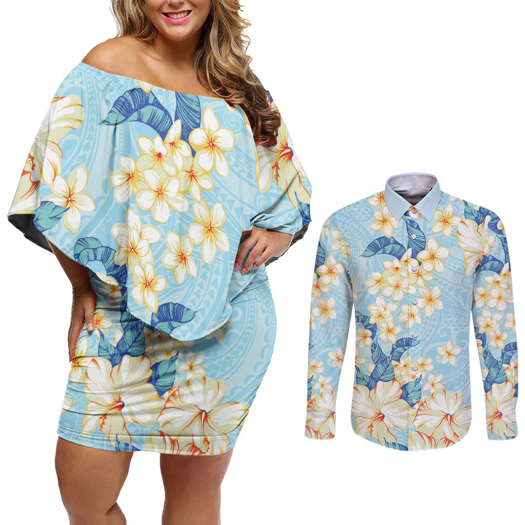 Hawaii Hibiscus Plumeria Blue Couples Matching Off Shoulder Short Dress and Long Sleeve Button Shirt Polynesian Pattern