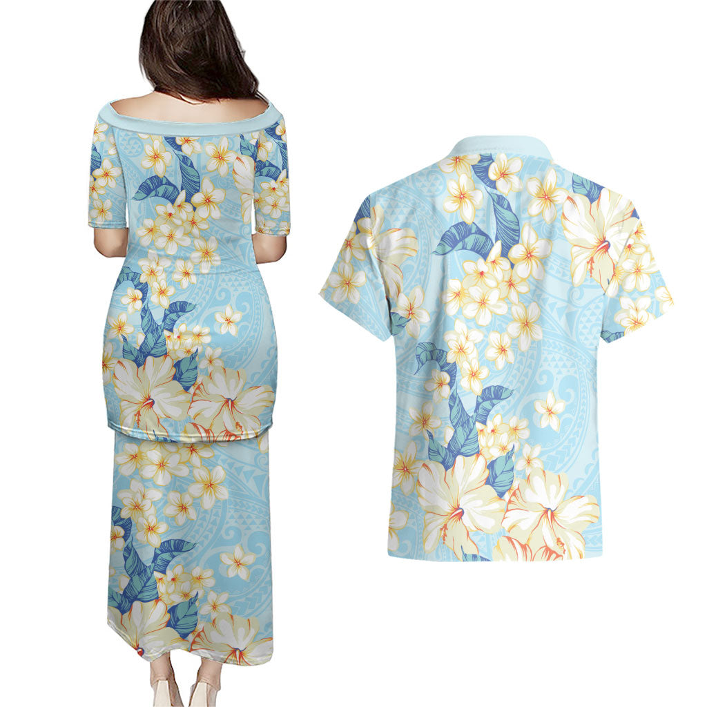 Hawaii Hibiscus Plumeria Blue Couples Matching Puletasi and Hawaiian Shirt Polynesian Pattern