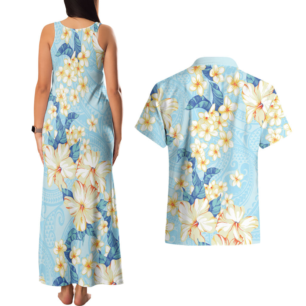 Hawaii Hibiscus Plumeria Blue Couples Matching Tank Maxi Dress and Hawaiian Shirt Polynesian Pattern