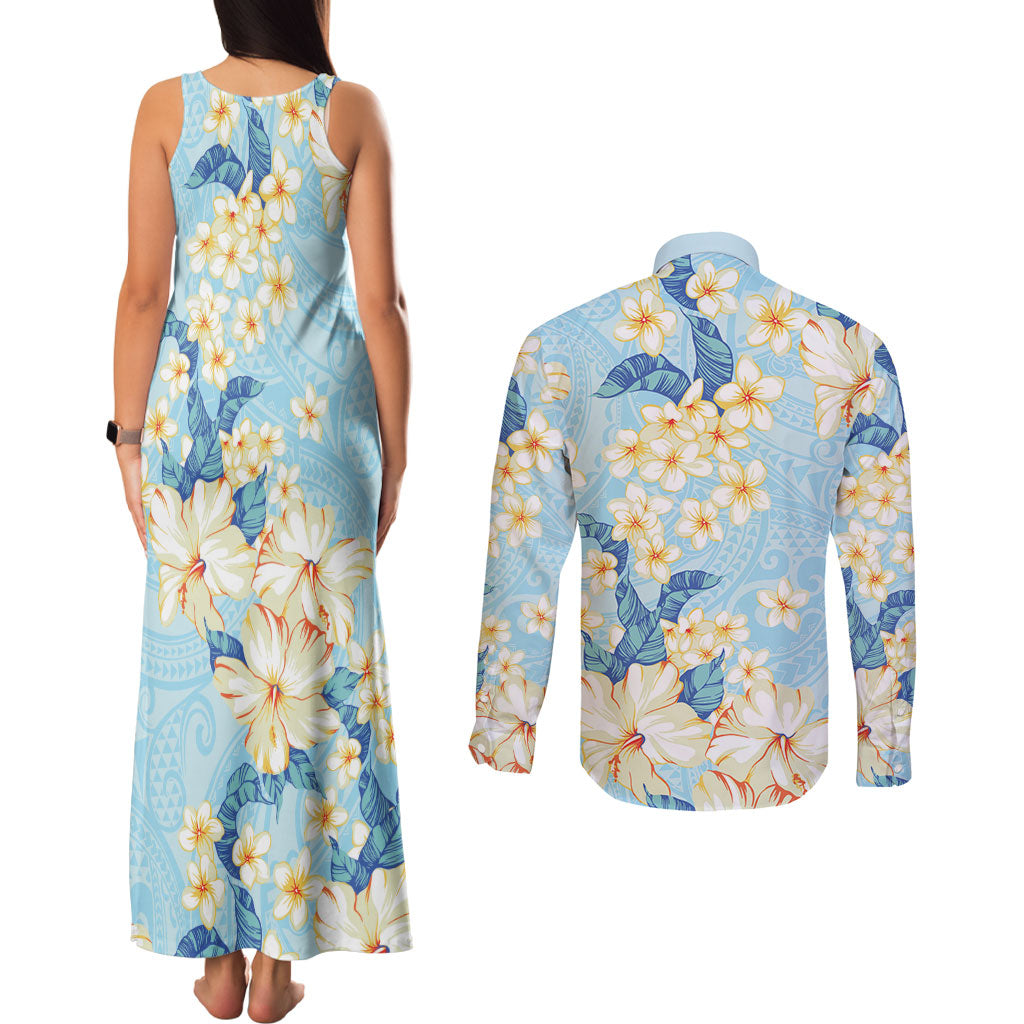 Hawaii Hibiscus Plumeria Blue Couples Matching Tank Maxi Dress and Long Sleeve Button Shirt Polynesian Pattern