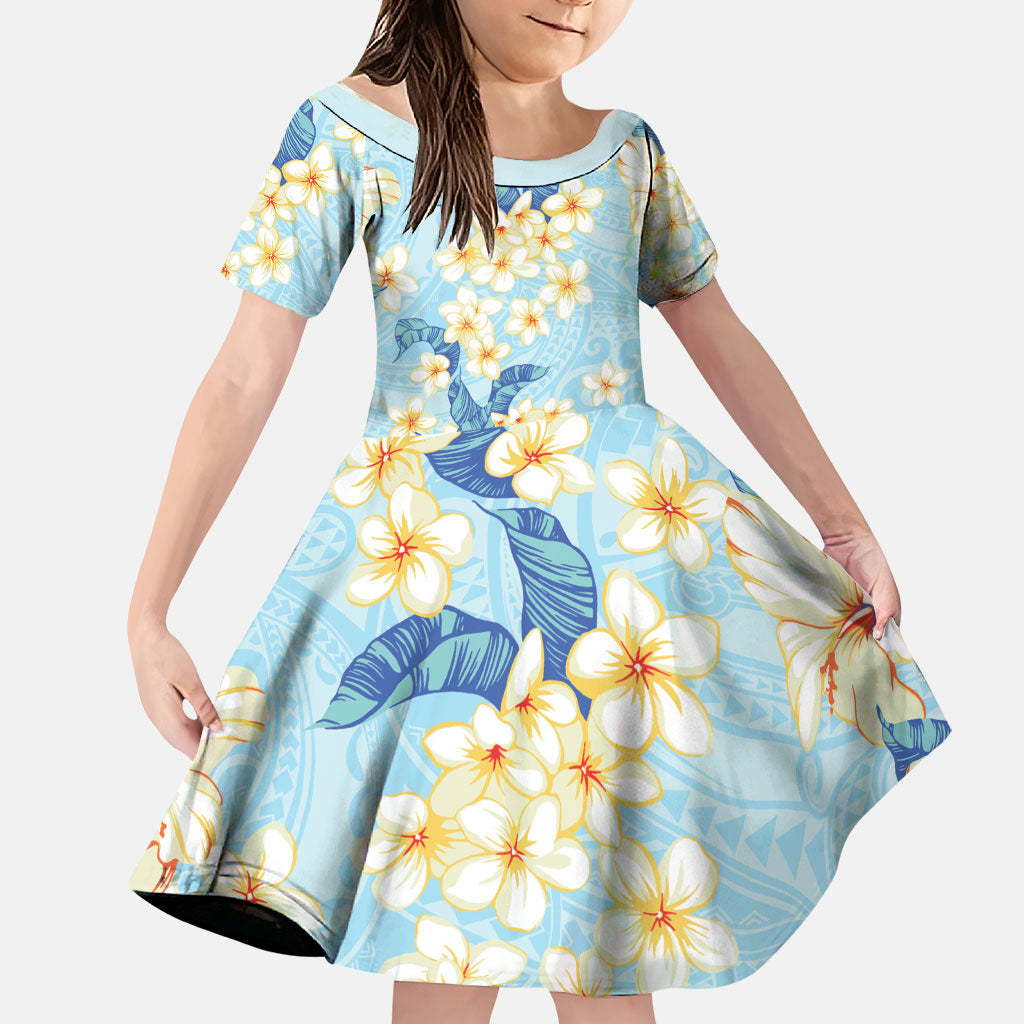 Hawaii Hibiscus Plumeria Blue Family Matching Long Sleeve Bodycon Dress and Hawaiian Shirt Polynesian Pattern LT01 Daughter's Dress Blue - Polynesian Pride