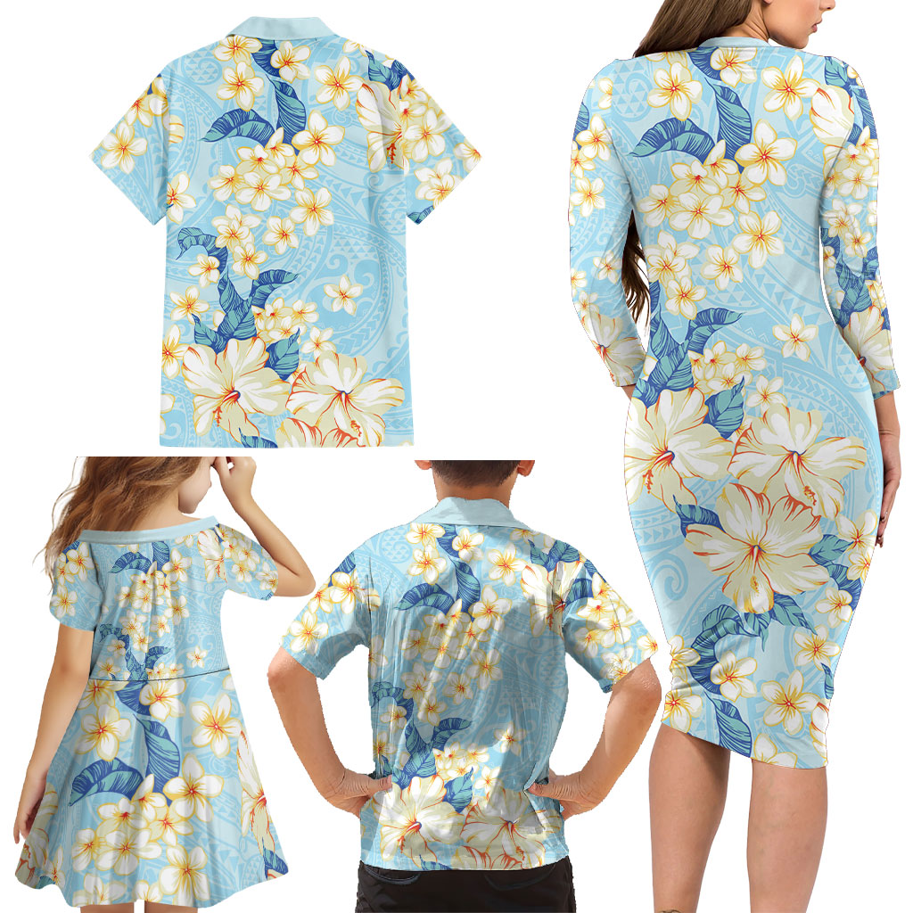 Hawaii Hibiscus Plumeria Blue Family Matching Long Sleeve Bodycon Dress and Hawaiian Shirt Polynesian Pattern LT01 - Polynesian Pride