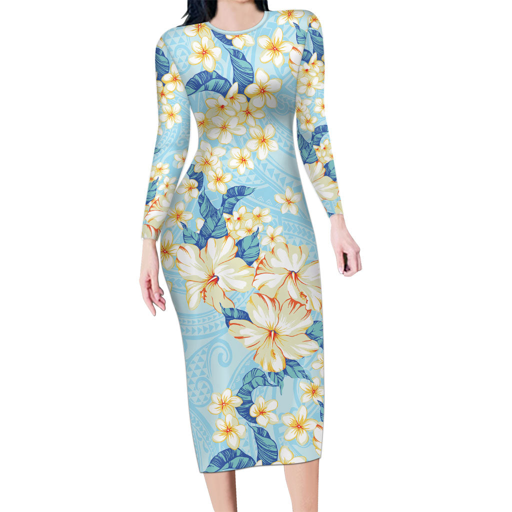 Hawaii Hibiscus Plumeria Blue Family Matching Long Sleeve Bodycon Dress and Hawaiian Shirt Polynesian Pattern LT01 Mom's Dress Blue - Polynesian Pride