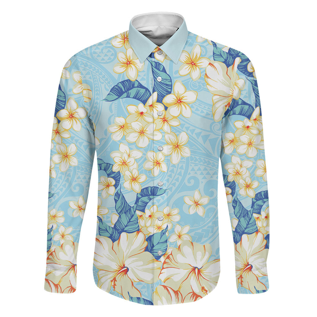 Hawaii Hibiscus Plumeria Blue Family Matching Mermaid Dress and Hawaiian Shirt Polynesian Pattern LT01 Dad's Shirt - Long Sleeve Blue - Polynesian Pride