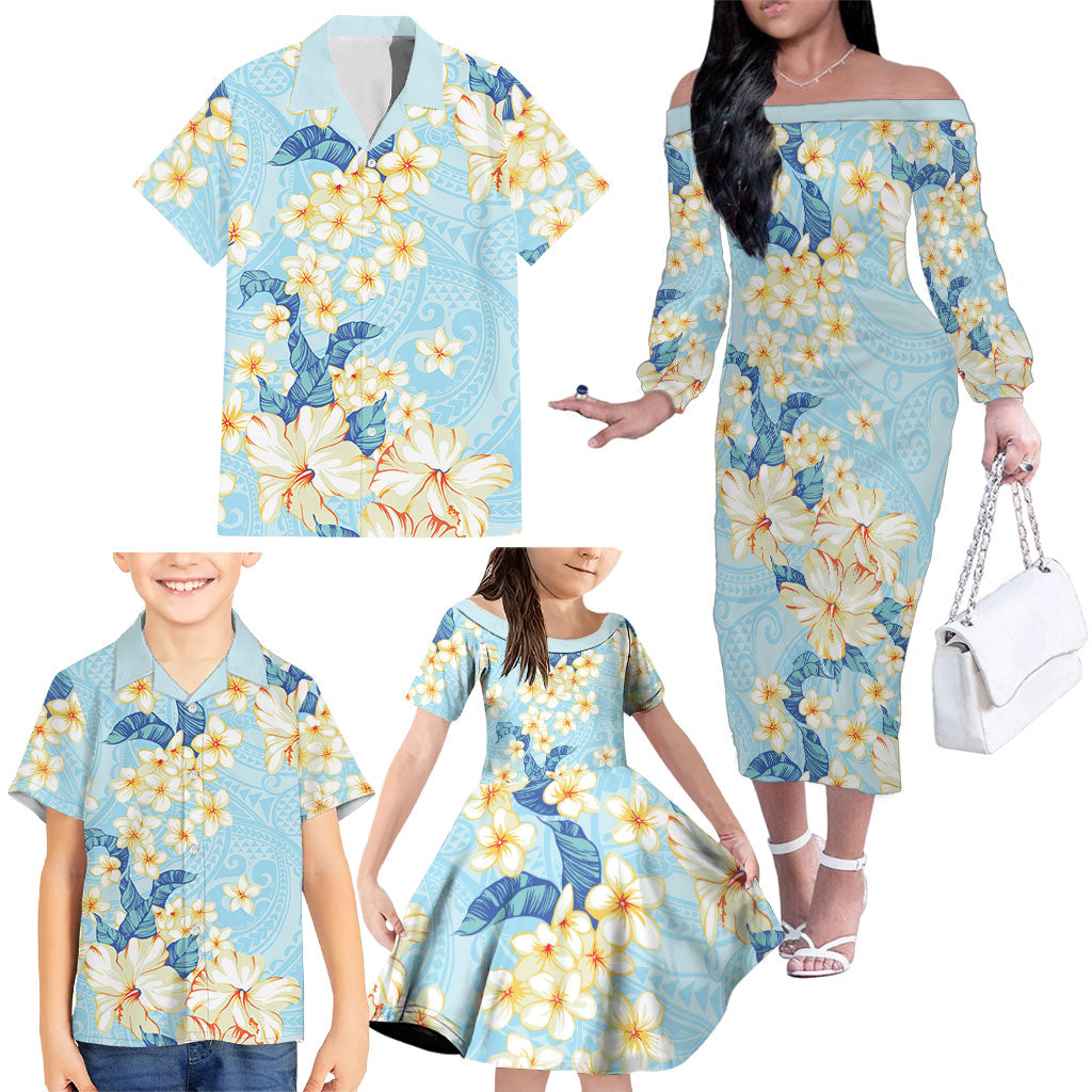 Hawaii Hibiscus Plumeria Blue Family Matching Off The Shoulder Long Sleeve Dress and Hawaiian Shirt Polynesian Pattern LT01 - Polynesian Pride
