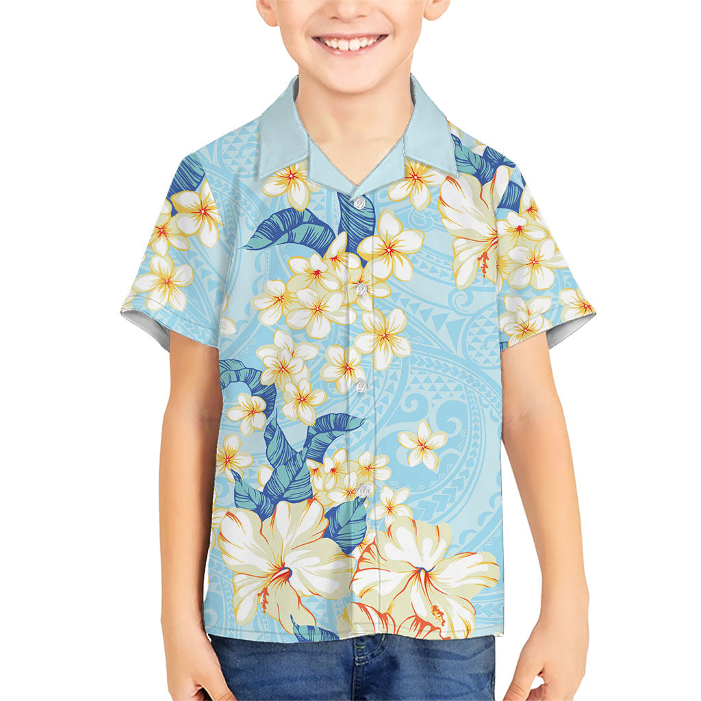 Hawaii Hibiscus Plumeria Blue Family Matching Off The Shoulder Long Sleeve Dress and Hawaiian Shirt Polynesian Pattern LT01 Son's Shirt Blue - Polynesian Pride