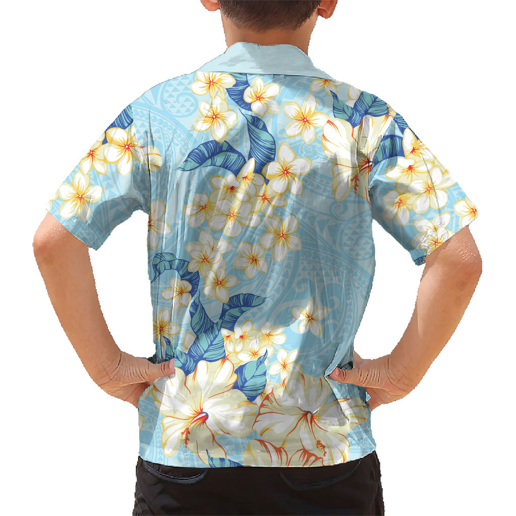 Hawaii Hibiscus Plumeria Blue Family Matching Off Shoulder Maxi Dress and Hawaiian Shirt Polynesian Pattern LT01 - Polynesian Pride