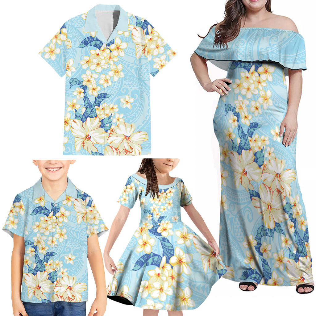 Hawaii Hibiscus Plumeria Blue Family Matching Off Shoulder Maxi Dress and Hawaiian Shirt Polynesian Pattern LT01 - Polynesian Pride