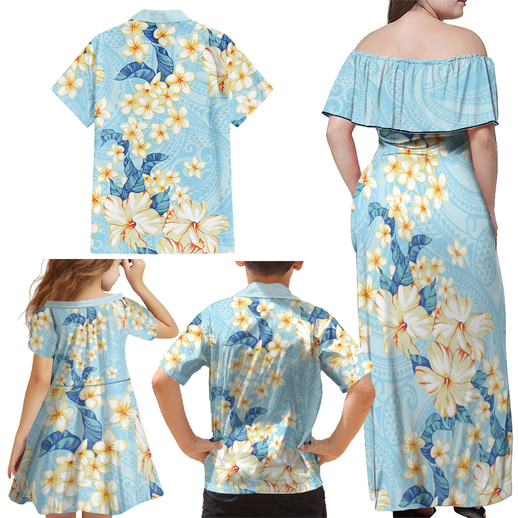 Hawaii Hibiscus Plumeria Blue Family Matching Off Shoulder Maxi Dress and Hawaiian Shirt Polynesian Pattern LT01 - Polynesian Pride