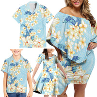 Hawaii Hibiscus Plumeria Blue Family Matching Off Shoulder Short Dress and Hawaiian Shirt Polynesian Pattern LT01 - Polynesian Pride