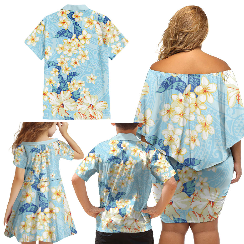 Hawaii Hibiscus Plumeria Blue Family Matching Off Shoulder Short Dress and Hawaiian Shirt Polynesian Pattern LT01 - Polynesian Pride