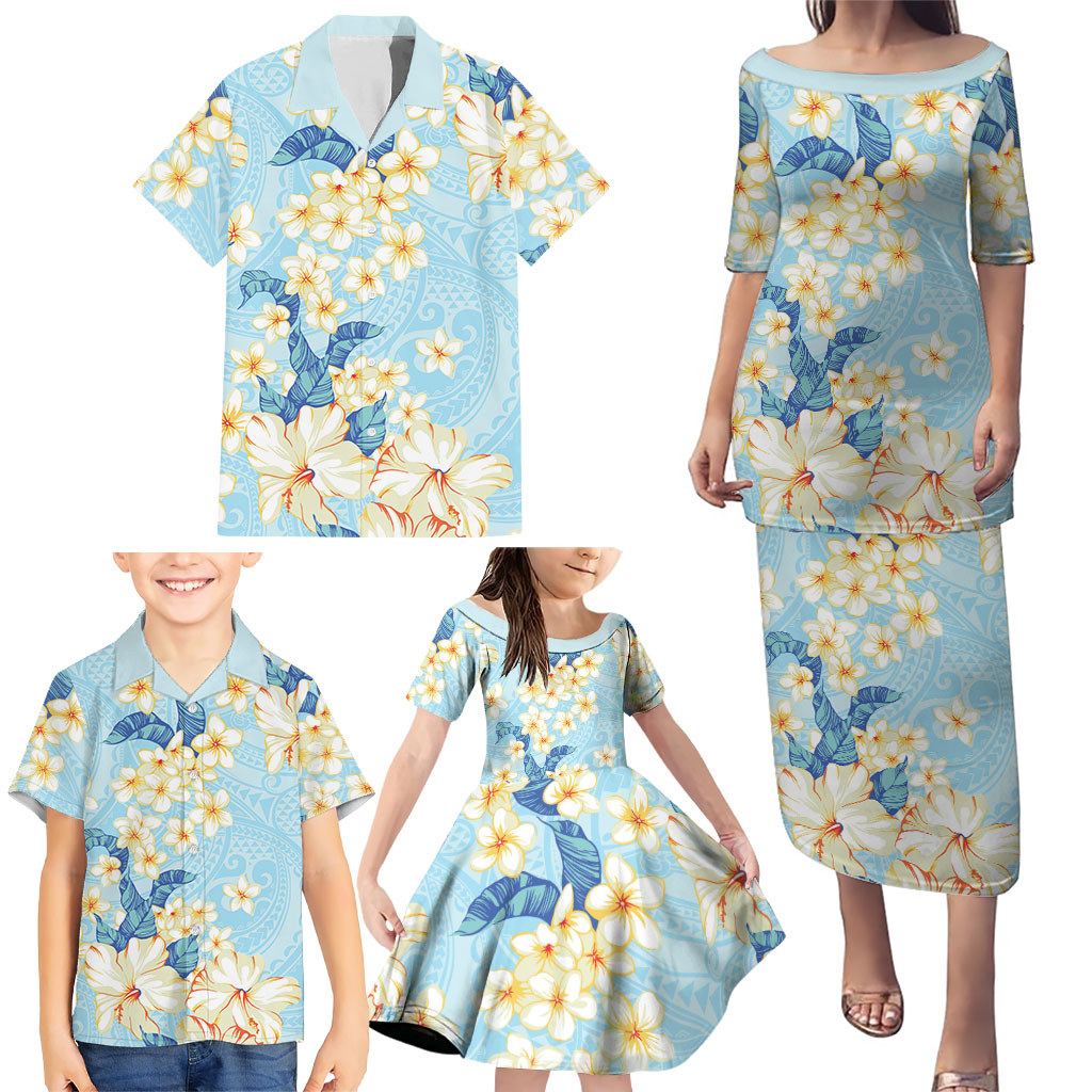 Hawaii Hibiscus Plumeria Blue Family Matching Puletasi and Hawaiian Shirt Polynesian Pattern