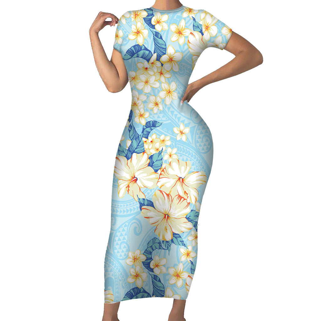 Hawaii Hibiscus Plumeria Blue Family Matching Short Sleeve Bodycon Dress and Hawaiian Shirt Polynesian Pattern LT01 Mom's Dress Blue - Polynesian Pride
